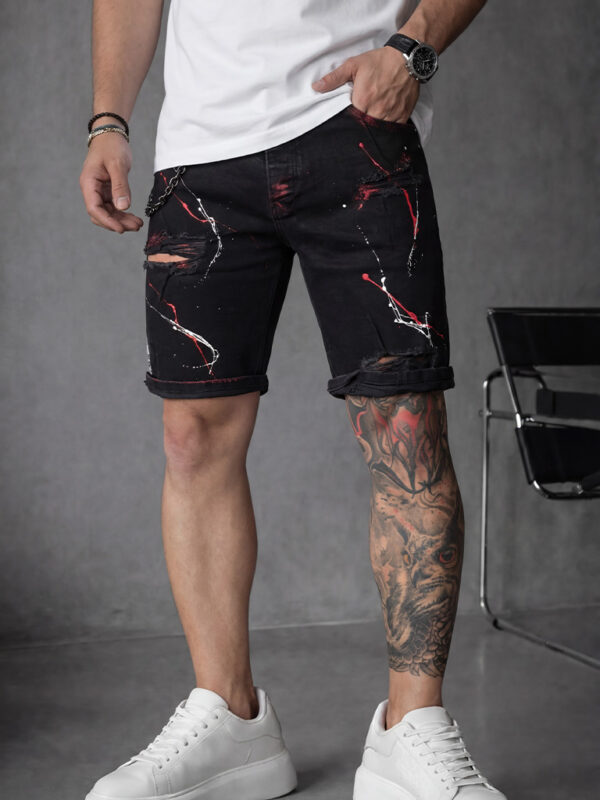 Мъжки черни къси дънки с напръскан ефект Slim-Fit