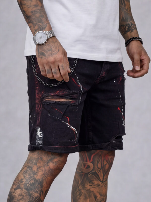 Мъжки черни къси дънки с напръскан ефект Slim-Fit