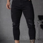 Мъжки сини дълги дънки с накъсан ефект "Skinny Fit"