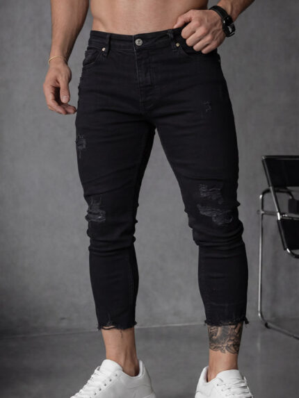 Мъжки сини дълги дънки с накъсан ефект "Skinny Fit"