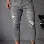 Мъжки сини дълги дънки с накъсан ефект "Skinny Fit"