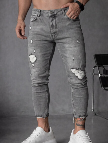 Мъжки сини дълги дънки с накъсан ефект "Skinny Fit"