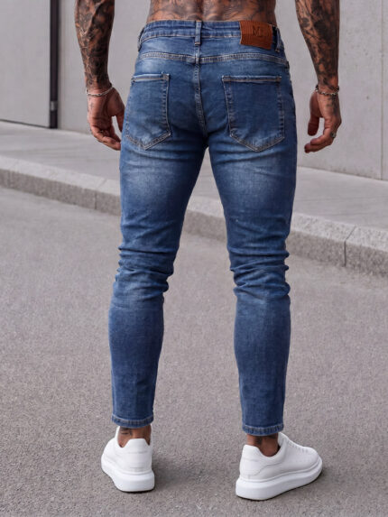 Мъжки сини дълги дънки с накъсан ефект отпред "Slim Fit"