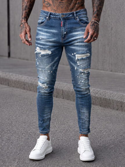 Мъжки дълги дънки в черен цвят с накъсан ефект "Slim Fit"