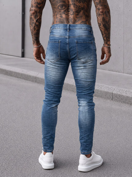 Мъжки дълги дънки с накъсани детайли в син цвят "Slim Fit"