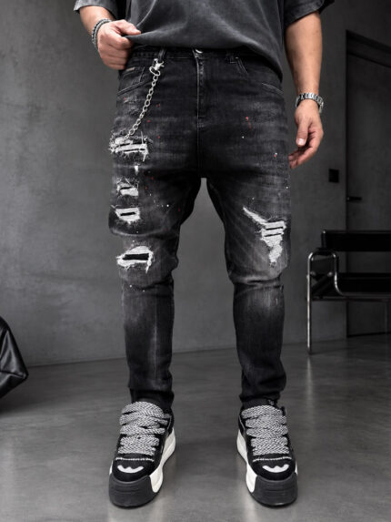 Мъжки дълги дънки с накъсани детайли в син цвят "Slim Fit" (Копие)