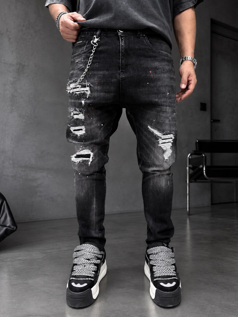 Untitled-154 Мъжки дълги дънки с накъсани детайли в син цвят "Slim Fit" (Копие)