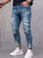 Мъжки тъмносиви дълги дънки с контрастни разкъсвания "Skinny Fit" (Копие)