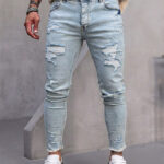 Мъжки сини дълги дънки с декоративни разкъсвания "Skinny Fit" (Копие)