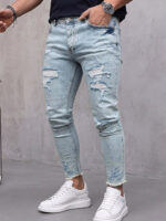 Мъжки светлосини дълги дънки с декоративни разкъсвания "Skinny Fit"